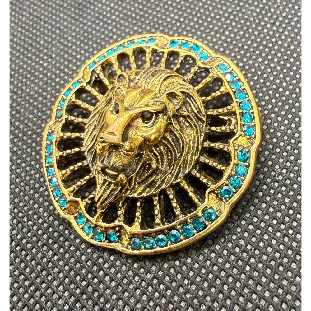 Gold Tone Lion Head Brooch Turquoise Rhinestone Sunburst Statement Pin Vintage